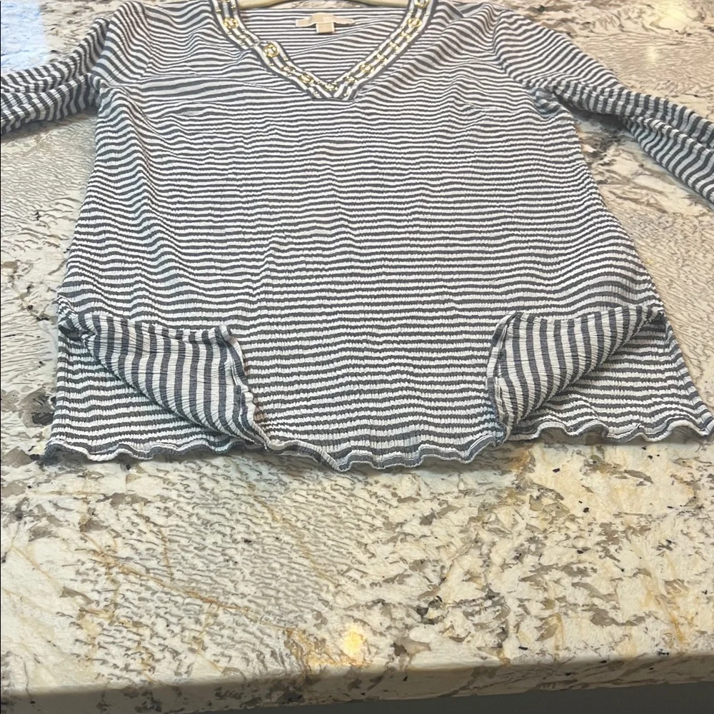 Michael Kors Grey and White Striped Long Sleeve Top Women's size Medium